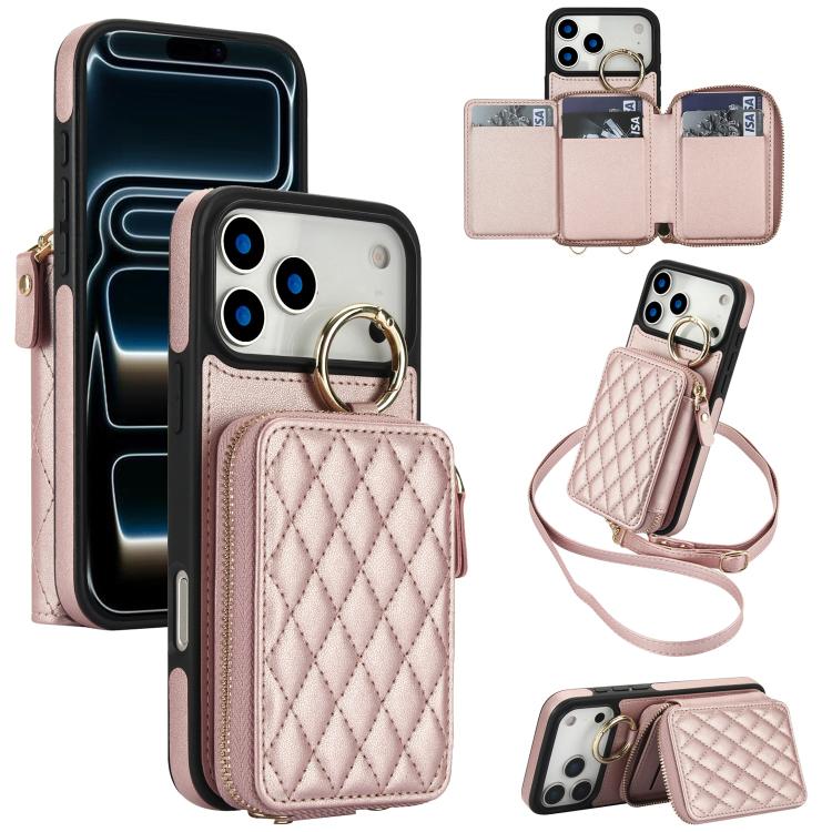 Portafoglio con cerniera, anello a rombo per tracolla, custodia per telefono con protezione RFID., For iPhone 17 Pro Max, For iPhone 17 Pro