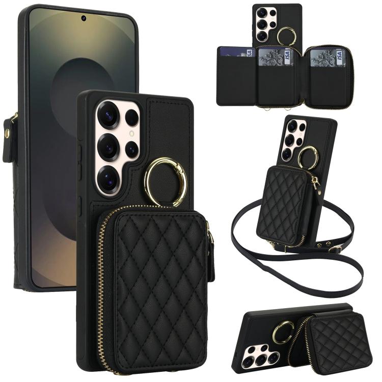 Portafoglio con cerniera, anello a rombo per tracolla, custodia per telefono con protezione RFID., For Galaxy S25 Ultra 5G