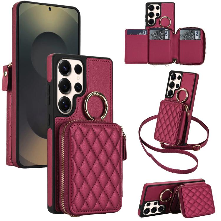 Portafoglio con cerniera, anello a rombo per tracolla, custodia per telefono con protezione RFID., For Galaxy S25 Ultra 5G
