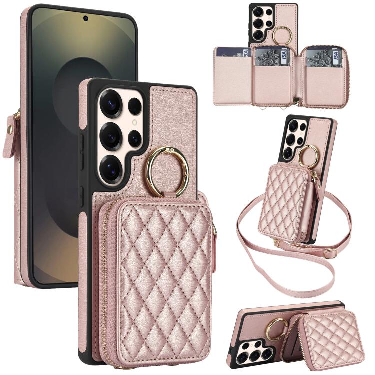 Portafoglio con cerniera, anello a rombo per tracolla, custodia per telefono con protezione RFID., For Galaxy S25 Ultra 5G