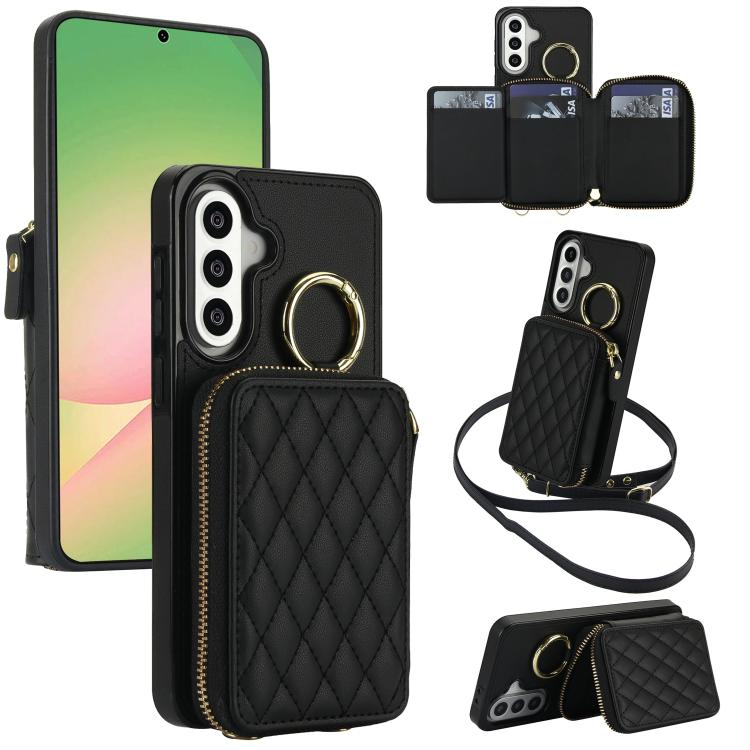 Portafoglio con cerniera, anello a rombo per tracolla, custodia per telefono con protezione RFID., For Galaxy A36 5G / A37 5G
