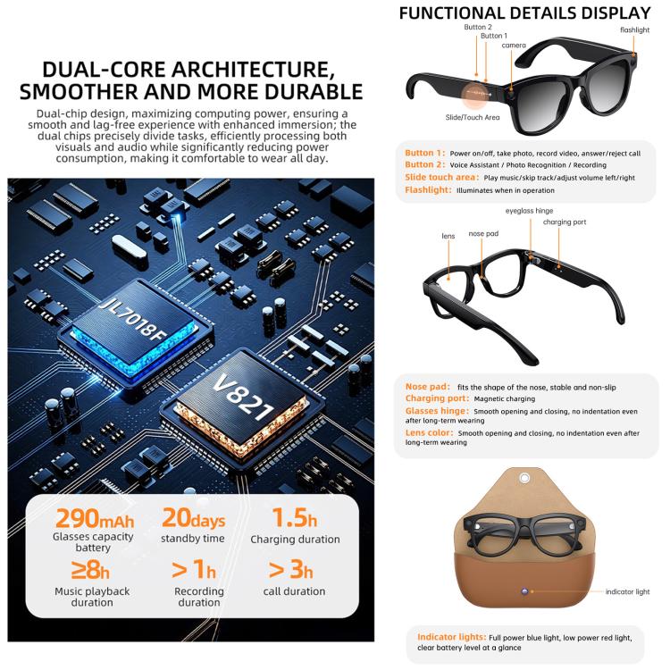 Occhiali intelligenti AI M02X Pro Max con fotocamera HD da 8 MP, registrazione video, trasmissione Wi-Fi e assistente vocale AI., Sunglasses + Anti Blue Light Lens, Gradient Lenses