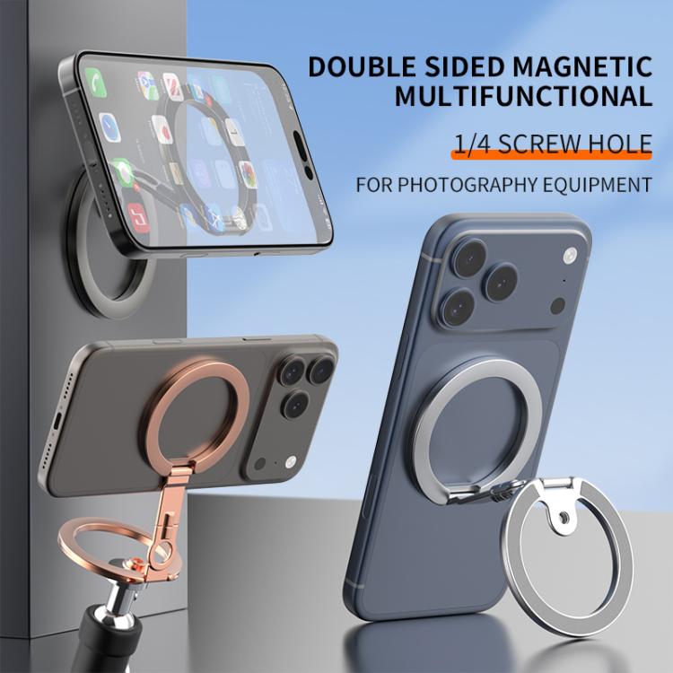Supporto per telefono magnetico a doppia faccia con design a foro per vite da un quarto di pollice, ribaltabile a 360 gradi.