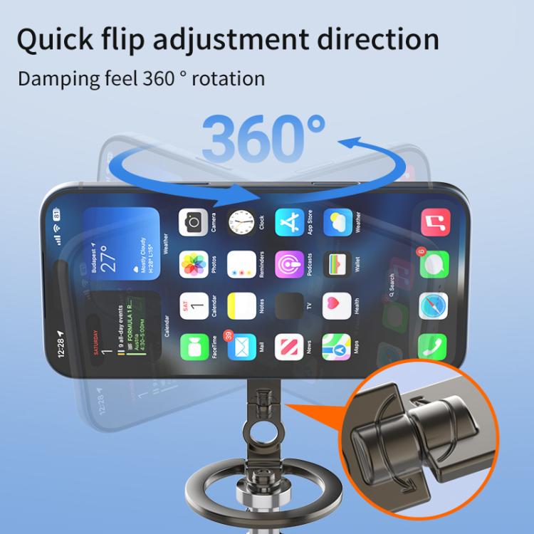 Supporto per telefono magnetico a doppia faccia con design a foro per vite da un quarto di pollice, ribaltabile a 360 gradi.