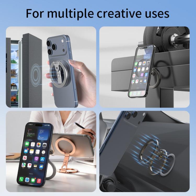 Supporto per telefono magnetico a doppia faccia con design a foro per vite da un quarto di pollice, ribaltabile a 360 gradi.