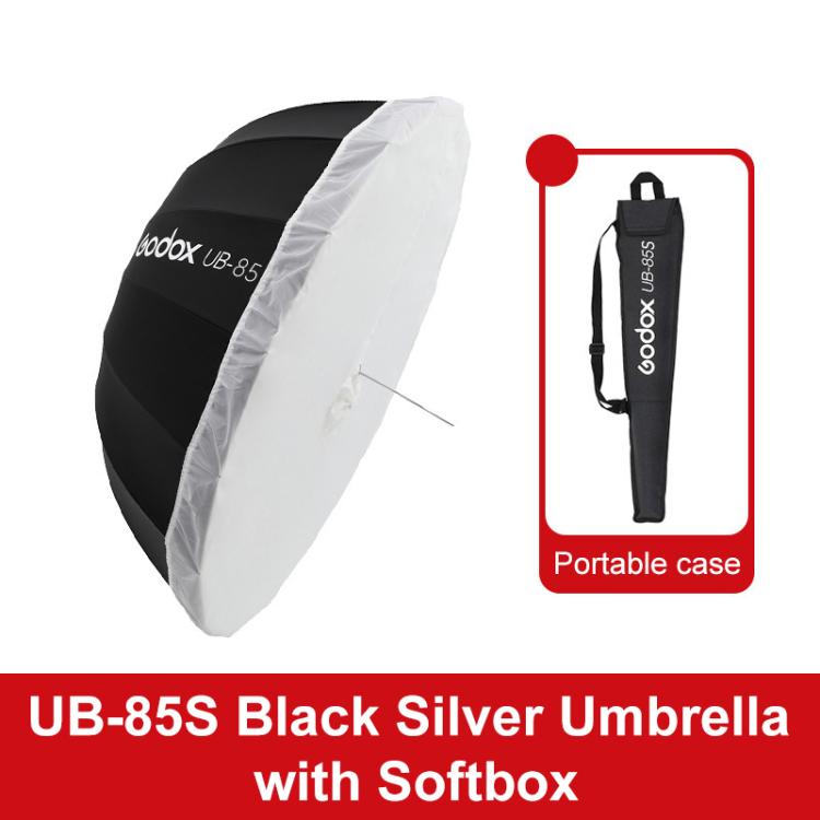 Diffusore riflettore per studio fotografico Godox, UB-85S Black Silver Umbrella, UB-85S Black Silver Umbrella with Softbox, UB-105S Black Silver Umbrella, UB-105S Black Silver Umbrella with Softbox, UB-130S Black Silver Umbrella                        ...