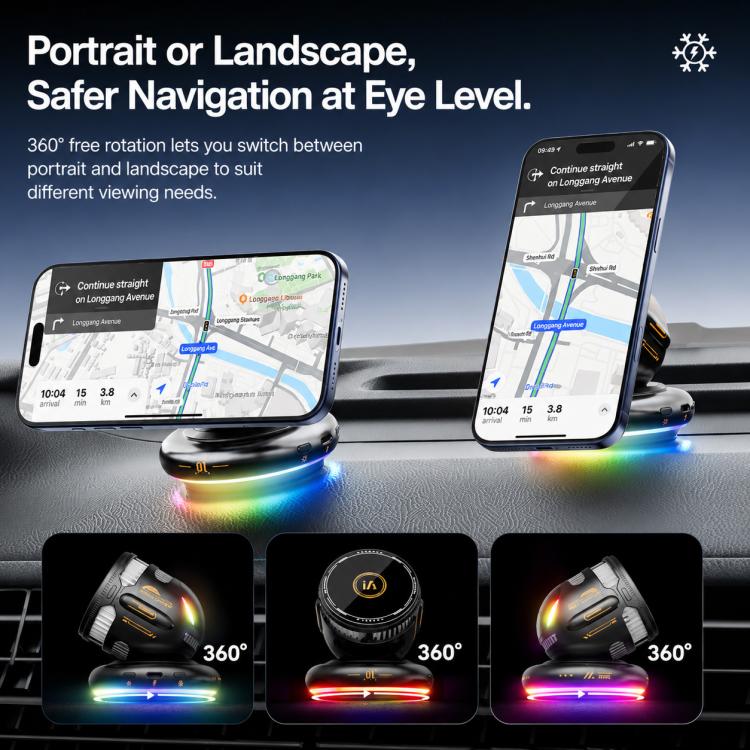 Supporto per auto D3 15W con raffreddamento magnetico e illuminazione RGB, ricarica wireless per telefono.