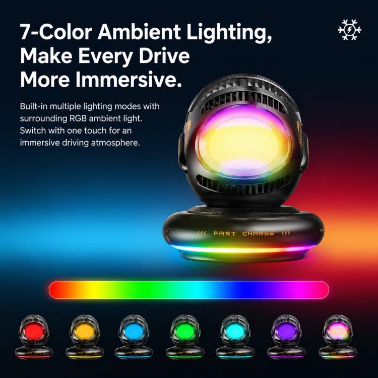 Supporto per auto D3 15W con raffreddamento magnetico e illuminazione RGB, ricarica wireless per telefono.