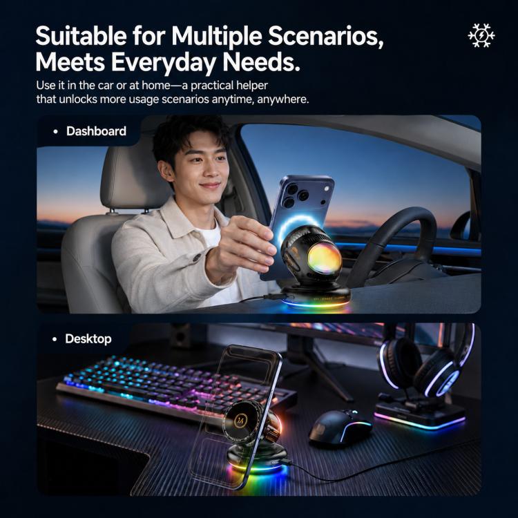 Supporto per auto D3 15W con raffreddamento magnetico e illuminazione RGB, ricarica wireless per telefono.