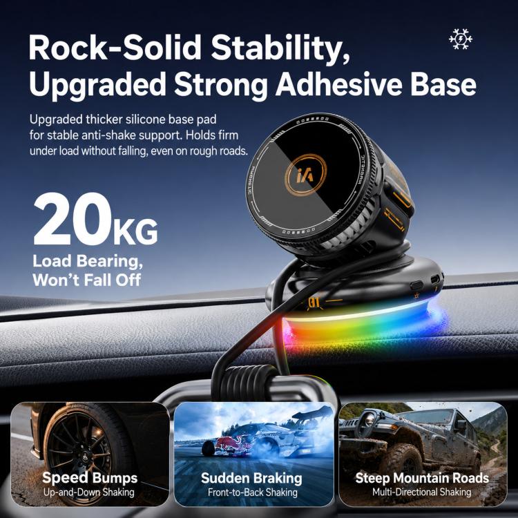 Supporto per auto D3 15W con raffreddamento magnetico e illuminazione RGB, ricarica wireless per telefono.