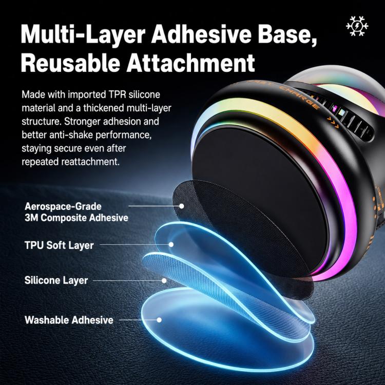 Supporto per auto D3 15W con raffreddamento magnetico e illuminazione RGB, ricarica wireless per telefono.