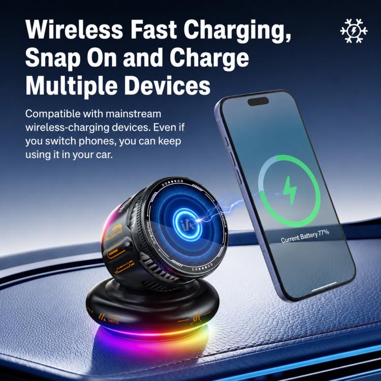 Supporto per auto D3 15W con raffreddamento magnetico e illuminazione RGB, ricarica wireless per telefono.