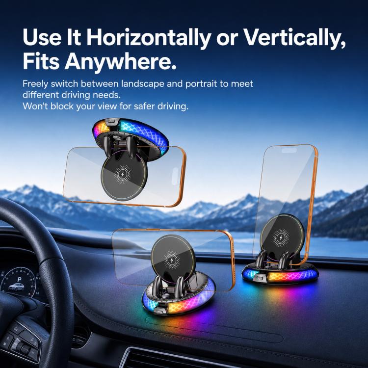 Supporto per telefono da auto D9 con base girevole autoadesiva e ricarica wireless.