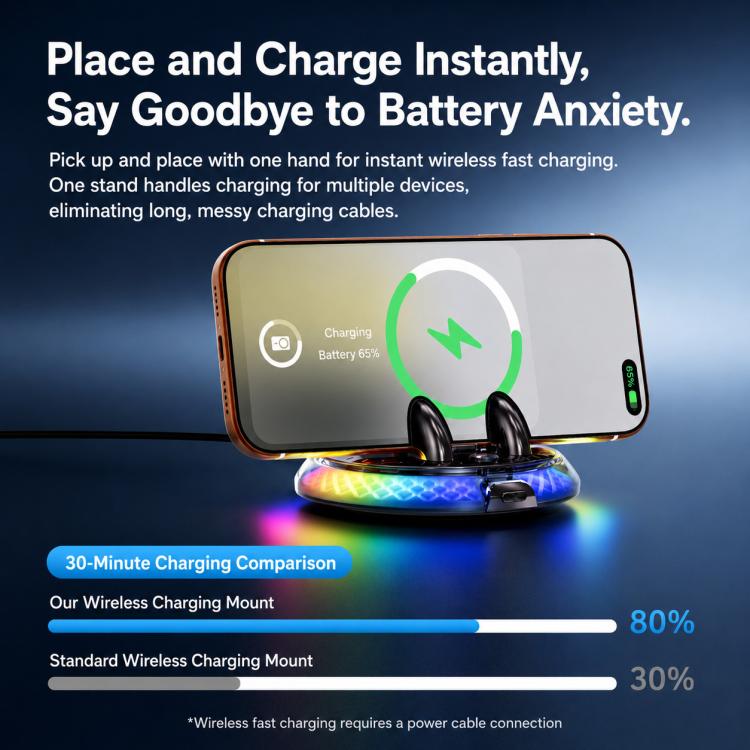 Supporto per telefono da auto D9 con base girevole autoadesiva e ricarica wireless.