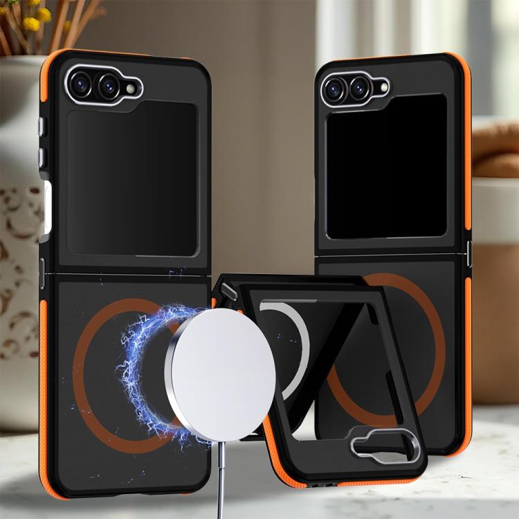 Custodia magnetica per telefono bicolore con effetto pelle, For Galaxy Z Flip6 / Z Flip7 FE 5G