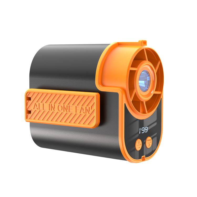 Ventilatore portatile da esterno DF-95 con display digitale a LED e clip da cintura.