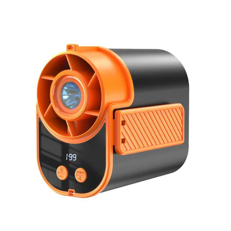 Ventilatore portatile da esterno DF-95 con display digitale a LED e clip da cintura.