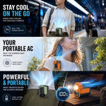 Ventilatore portatile da esterno DF-95 con display digitale a LED e clip da cintura.