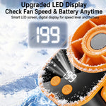 Ventilatore portatile da esterno DF-95 con display digitale a LED e clip da cintura.