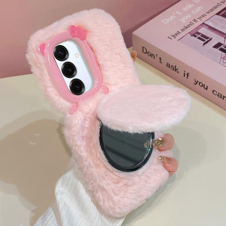 Custodia per telefono in peluche con specchietto a forma di gatto e papillon 3D, For Galaxy S26+ 5G, For Galaxy S26 Ultra 5G, For Galaxy S26 5G, For Galaxy S25+ 5G, For Galaxy S25 Ultra 5G, For Galaxy S24 Ultra 5G, For Galaxy S24+ 5G                   ...
