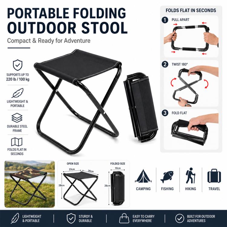 Sgabello pieghevole portatile da esterno, mini sedia per viaggi e pesca, Small-Red, Small-Black, Small-Blue Camo, Small-Green Camo, Large-Red, Large-Black, Large-Blue Camo, Extra Large-Black, Extra Large-Blue Camo, Extra Large-Green Camo