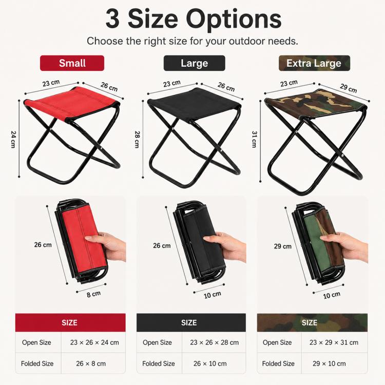 Sgabello pieghevole portatile da esterno, mini sedia per viaggi e pesca, Small-Red, Small-Black, Small-Blue Camo, Small-Green Camo, Large-Red, Large-Black, Large-Blue Camo, Extra Large-Black, Extra Large-Blue Camo, Extra Large-Green Camo