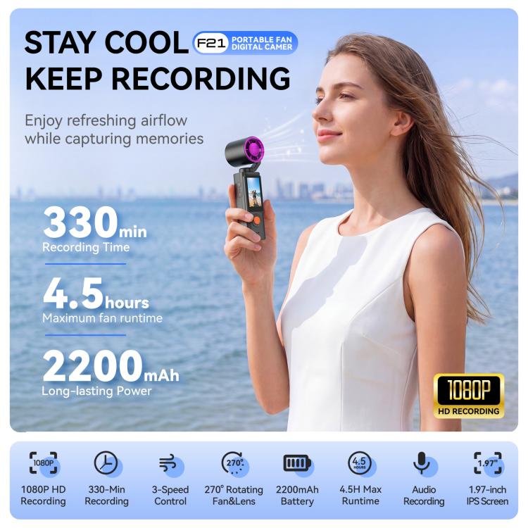 Videocamera portatile F21 con schermo IPS da 1,97 pollici, risoluzione HD 1080p e ventola, ideale per vlog.