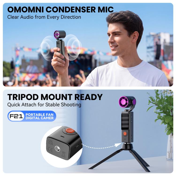 Videocamera portatile F21 con schermo IPS da 1,97 pollici, risoluzione HD 1080p e ventola, ideale per vlog.