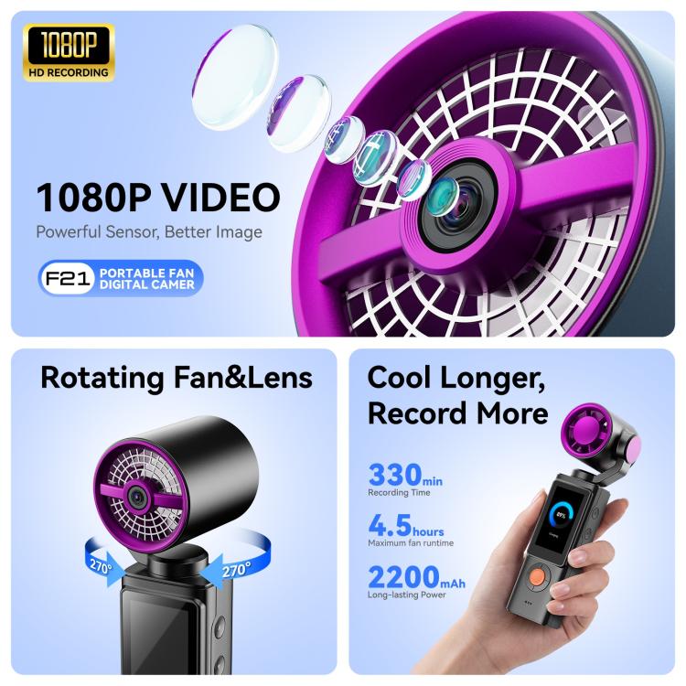 Videocamera portatile F21 con schermo IPS da 1,97 pollici, risoluzione HD 1080p e ventola, ideale per vlog.