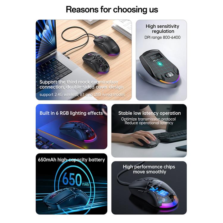 Mouse Yesido KB46 cablato, Bluetooth 2.4G, RGB, 3 modalità, ricaricabile