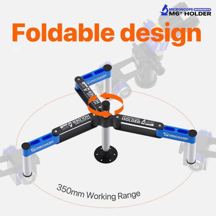Supporto per microscopio MECHANIC M6+ con braccio oscillante smorzato e rotazione a 360°.