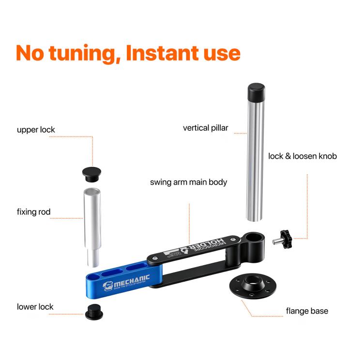 Supporto per microscopio MECHANIC M6+ con braccio oscillante smorzato e rotazione a 360°.