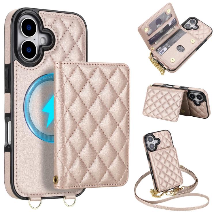 Portafoglio romboidale con custodia magnetica per telefono, tracolla e cinturino da polso, For iPhone 16, For iPhone 15 Pro Max, For iPhone 15 Pro, For iPhone 15 Plus / 14 Plus