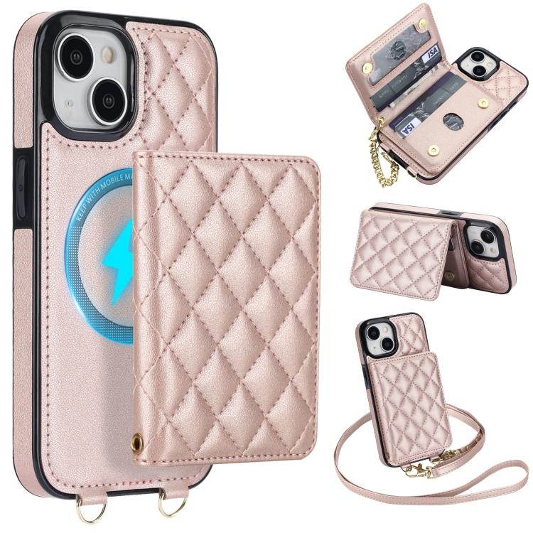 Portafoglio romboidale con custodia magnetica per telefono, tracolla e cinturino da polso, For iPhone 16, For iPhone 15 Pro Max, For iPhone 15 Pro, For iPhone 15 Plus / 14 Plus