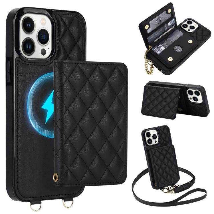 Portafoglio romboidale con custodia magnetica per telefono, tracolla e cinturino da polso, For iPhone 15, For iPhone 14 / 13, For iPhone 14 Pro, For iPhone 14 Pro Max