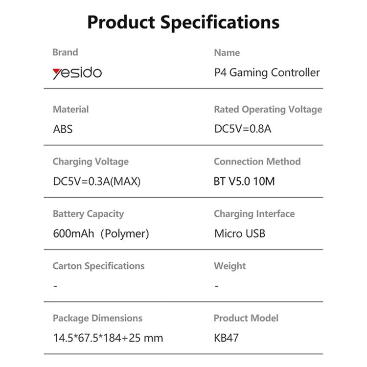 Controller di gioco wireless Yesido KB47 per PS4/PS3