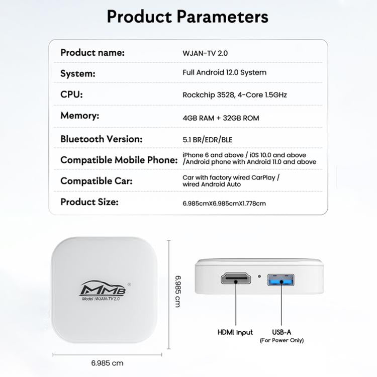 MMB WJAN-TV 2.0 Box AI per auto, da cablato a wireless, adattatore Android Auto/CarPlay, WJAN-TV 2.0