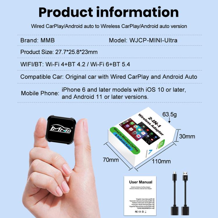 MMB 2 in 1 Smart Box per auto, adattatore da cablato a wireless per Android Auto e CarPlay, WJCP-MINI-Ultra (Orange), WJCP-MINI-Ultra (Black)