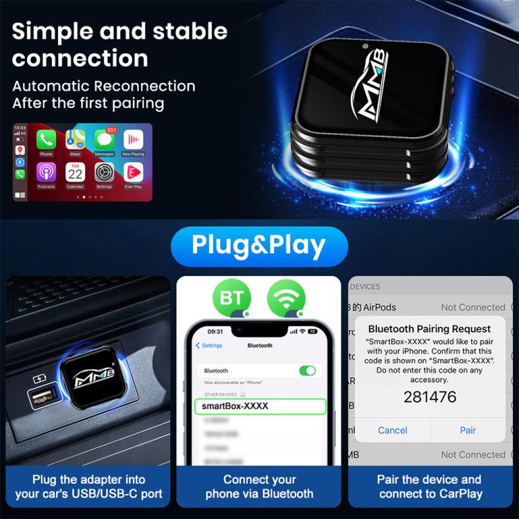 MMB 2 in 1 Smart Box per auto, adattatore da cablato a wireless per Android Auto e CarPlay, WJCP-MINI-Ultra (Orange), WJCP-MINI-Ultra (Black)