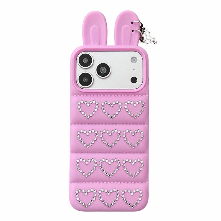 Custodia per telefono in TPU con orecchie da coniglio e cuori di strass, giacca imbottita, For iPhone 17 Pro Max, For iPhone 17 Pro, For iPhone 17, For iPhone 16 Pro Max