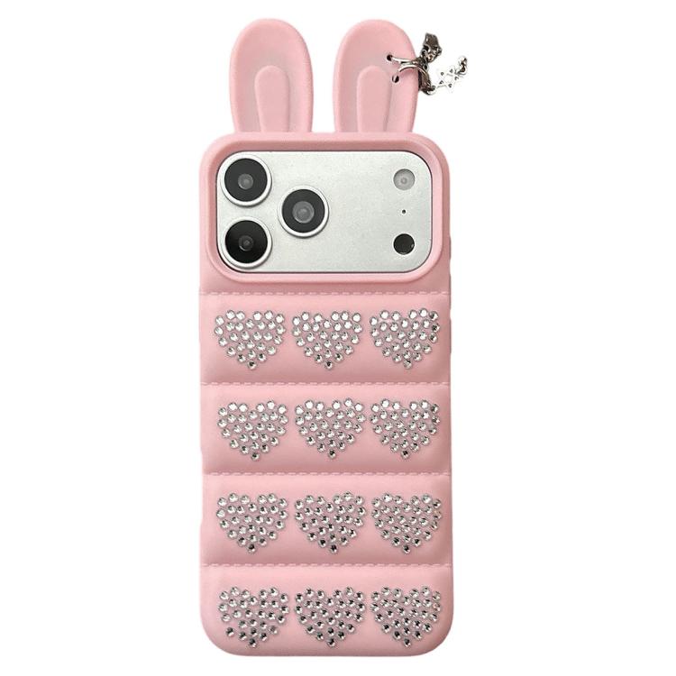Custodia per telefono in TPU con orecchie da coniglio e cuori di strass, giacca imbottita, For iPhone 17 Pro Max, For iPhone 17 Pro, For iPhone 17, For iPhone 16 Pro Max