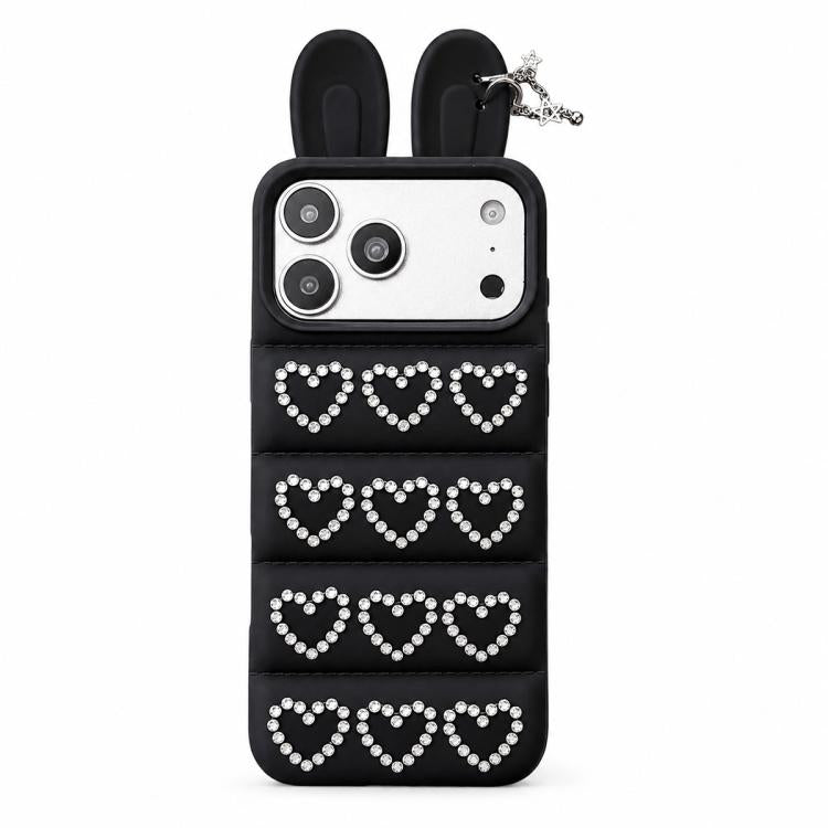 Custodia per telefono in TPU con orecchie da coniglio e cuori di strass, giacca imbottita, For iPhone 17 Pro Max, For iPhone 17 Pro, For iPhone 17, For iPhone 16 Pro Max