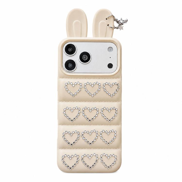 Custodia per telefono in TPU con orecchie da coniglio e cuori di strass, giacca imbottita, For iPhone 17 Pro Max, For iPhone 17 Pro, For iPhone 17, For iPhone 16 Pro Max