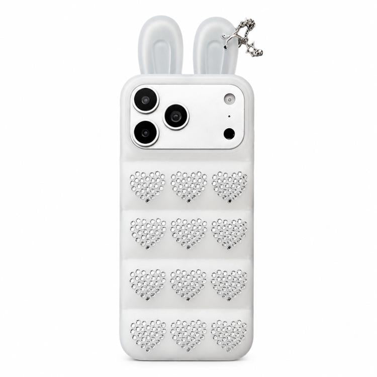 Custodia per telefono in TPU con orecchie da coniglio e cuori di strass, giacca imbottita, For iPhone 17 Pro Max, For iPhone 17 Pro, For iPhone 17, For iPhone 16 Pro Max