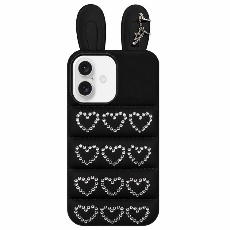 Custodia per telefono in TPU con orecchie da coniglio e cuori di strass, giacca imbottita, For iPhone 17 Pro Max, For iPhone 17 Pro, For iPhone 17, For iPhone 16 Pro Max
