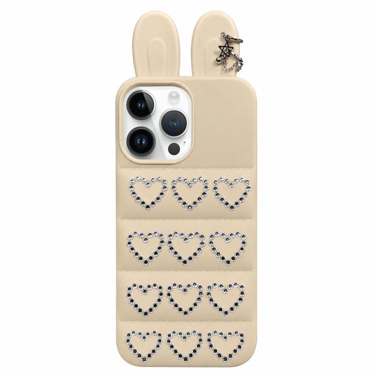 Custodia per telefono in TPU con orecchie da coniglio e cuori di strass, giacca imbottita, For iPhone 16 Pro, For iPhone 16, For iPhone 15 Pro Max, For iPhone 15 Pro