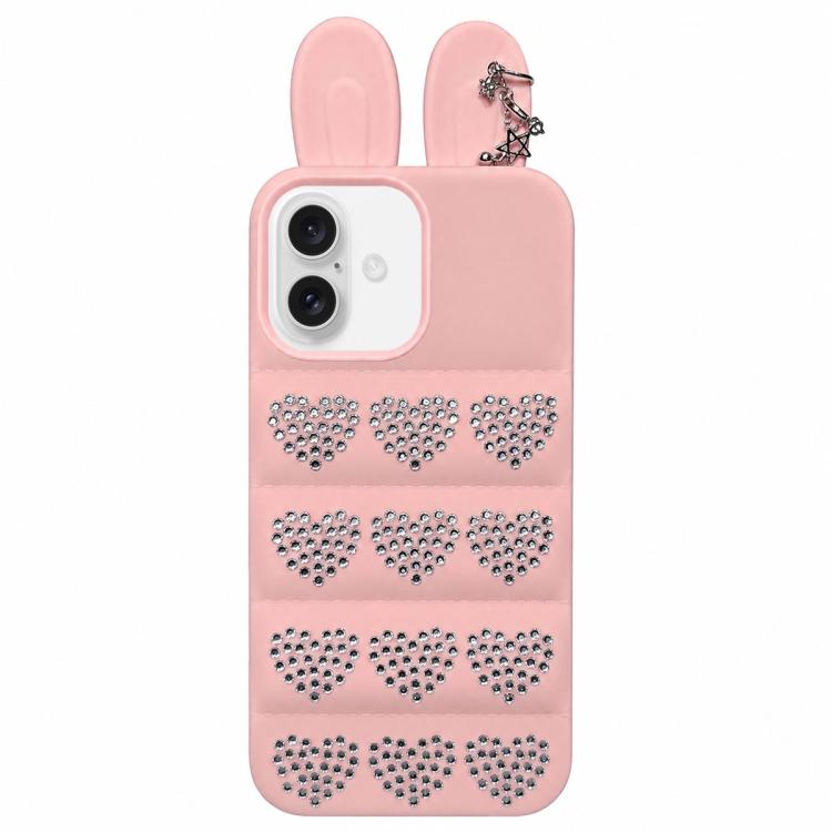 Custodia per telefono in TPU con orecchie da coniglio e cuori di strass, giacca imbottita, For iPhone 16 Pro, For iPhone 16, For iPhone 15 Pro Max, For iPhone 15 Pro