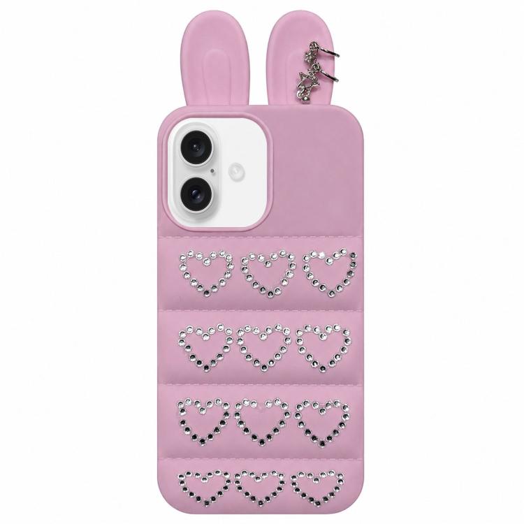 Custodia per telefono in TPU con orecchie da coniglio e cuori di strass, giacca imbottita, For iPhone 16 Pro, For iPhone 16, For iPhone 15 Pro Max, For iPhone 15 Pro
