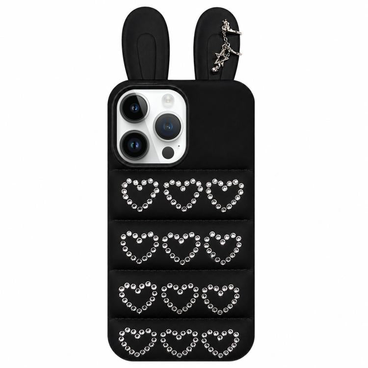 Custodia per telefono in TPU con orecchie da coniglio e cuori di strass, giacca imbottita, For iPhone 16 Pro, For iPhone 16, For iPhone 15 Pro Max, For iPhone 15 Pro