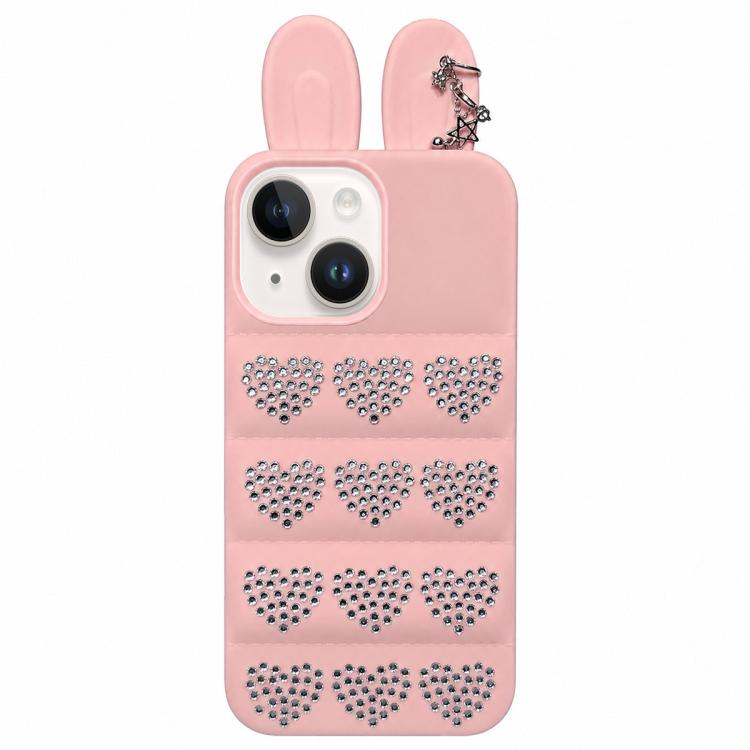 Custodia per telefono in TPU con orecchie da coniglio e cuori di strass, giacca imbottita, For iPhone 15 / 14, For iPhone 14 Pro, For iPhone 14 Pro Max, For iPhone 13 Pro Max